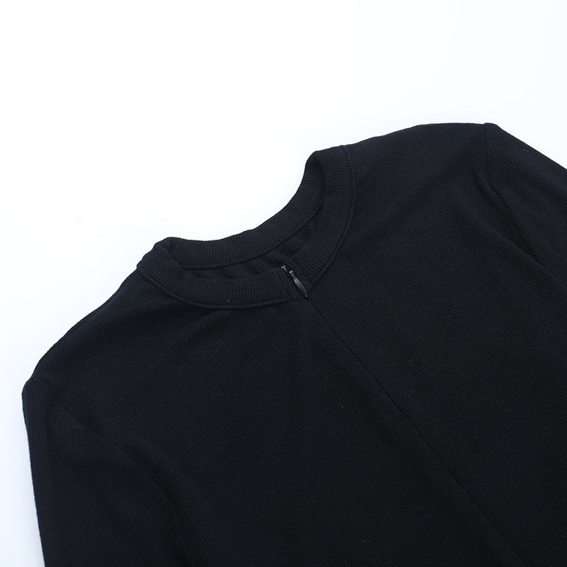 Sleek & Versatile: Black Ribbed Long Sleeve Quarter-Zip Bodysuit - Fall Wardrobe Essential
