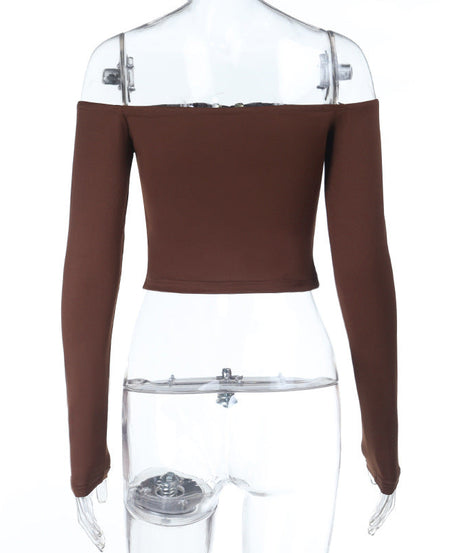 Effortless Fall Glam: Off-Shoulder Ruched Crop Top with Chic Beaded Detail