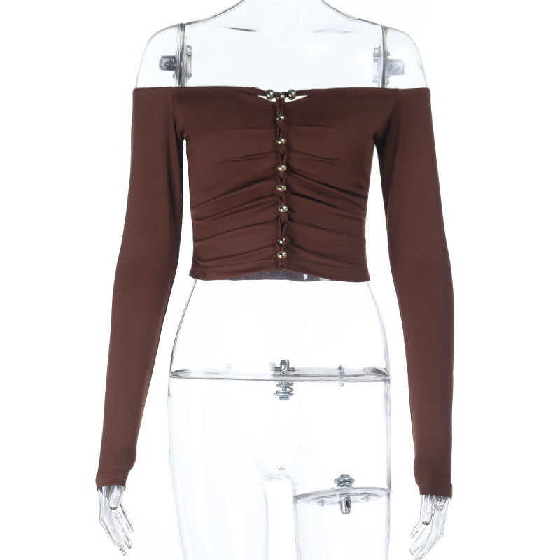 Effortless Fall Glam: Off-Shoulder Ruched Crop Top with Chic Beaded Detail