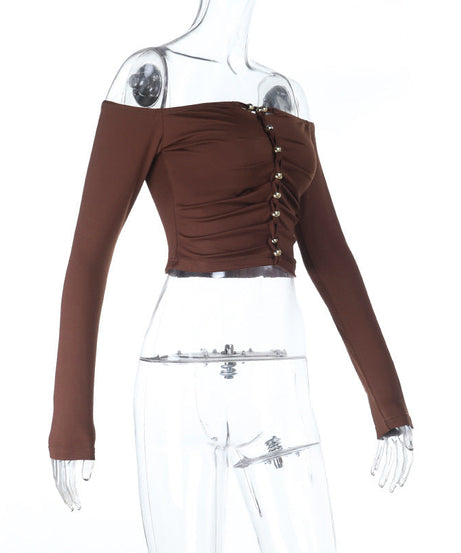 Effortless Fall Glam: Off-Shoulder Ruched Crop Top with Chic Beaded Detail