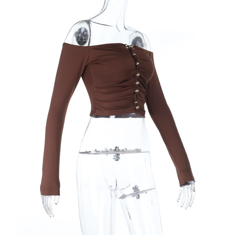 Effortless Fall Glam: Off-Shoulder Ruched Crop Top with Chic Beaded Detail