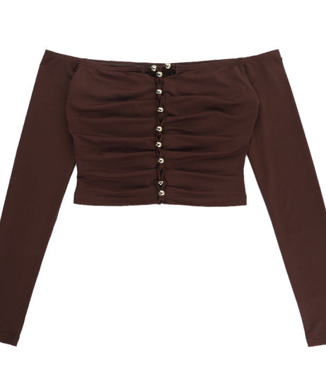 Effortless Fall Glam: Off-Shoulder Ruched Crop Top with Chic Beaded Detail