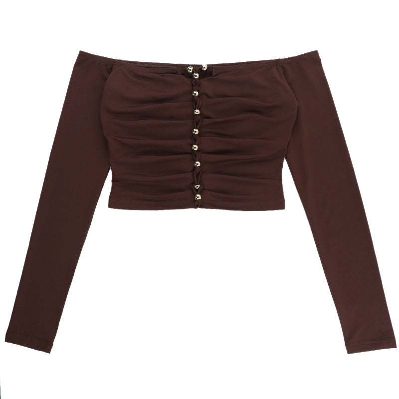 Effortless Fall Glam: Off-Shoulder Ruched Crop Top with Chic Beaded Detail