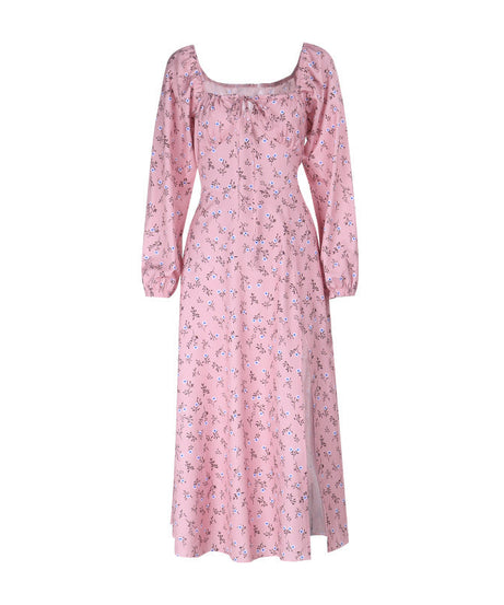 Autumn Bloom Chic Square Neck Maxi Dress with Slit - Long Sleeve Floral Elegance
