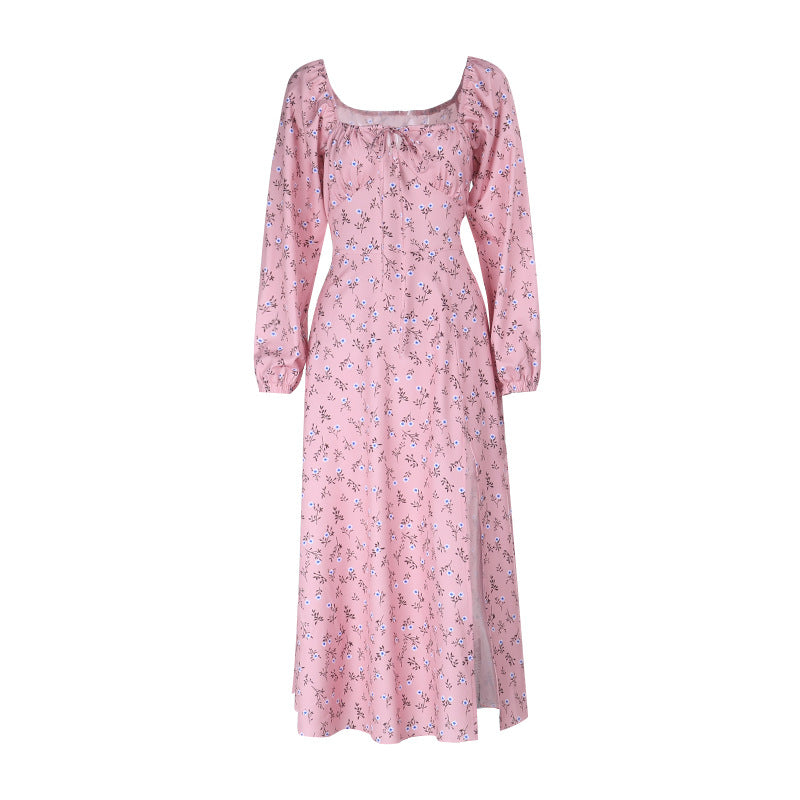 Autumn Bloom Chic Square Neck Maxi Dress with Slit - Long Sleeve Floral Elegance