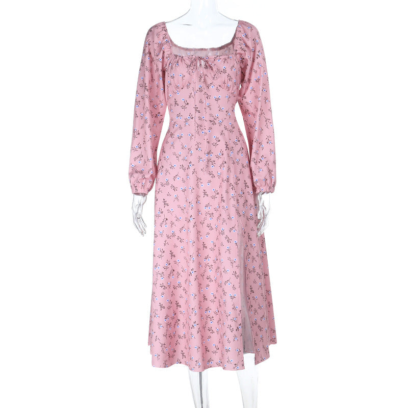 Autumn Bloom Chic Square Neck Maxi Dress with Slit - Long Sleeve Floral Elegance