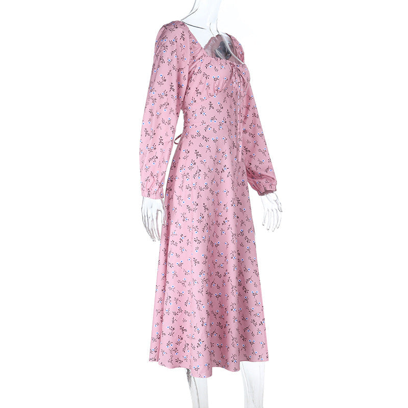 Autumn Bloom Chic Square Neck Maxi Dress with Slit - Long Sleeve Floral Elegance