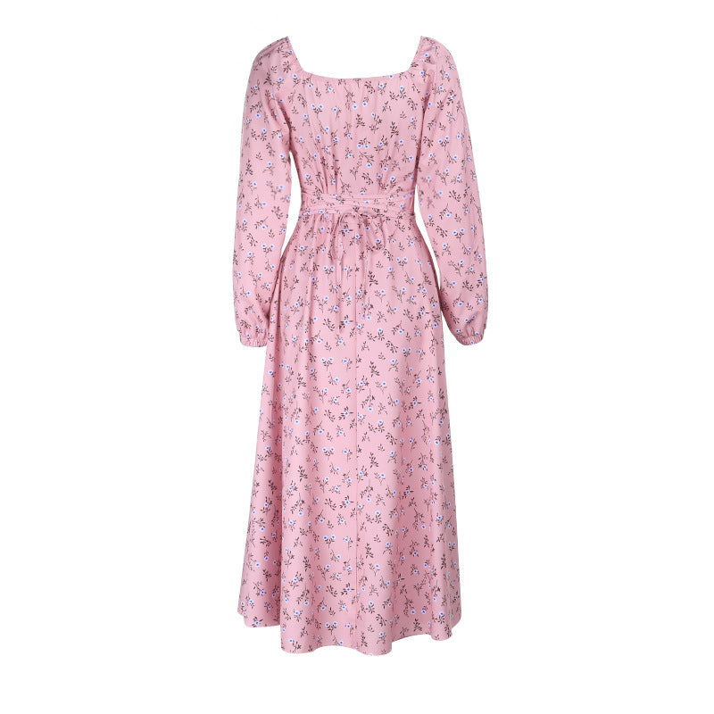 Autumn Bloom Chic Square Neck Maxi Dress with Slit - Long Sleeve Floral Elegance