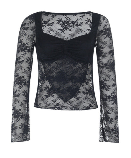 Enchanting Black Sheer Lace Sweetheart Top | Ruched Long Sleeve for Fall & Holiday Glam