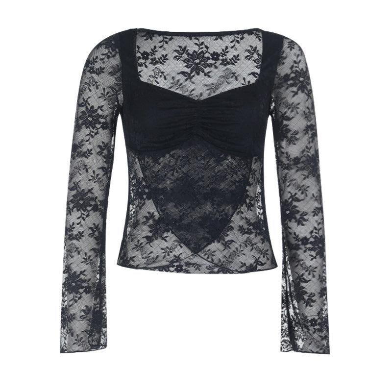 Enchanting Black Sheer Lace Sweetheart Top | Ruched Long Sleeve for Fall & Holiday Glam