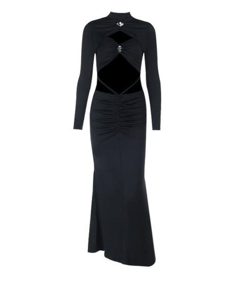 Daring Elegance: Black Cut-Out Maxi Dress for Fall & Holiday Parties | Long Sleeve & High Neck