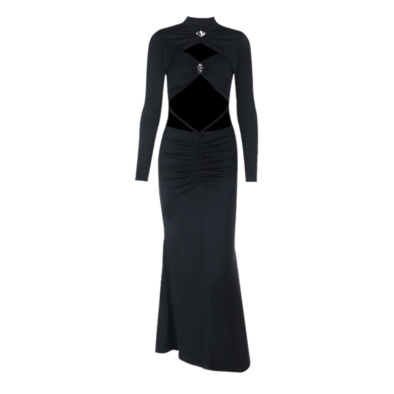 Daring Elegance: Black Cut-Out Maxi Dress for Fall & Holiday Parties | Long Sleeve & High Neck