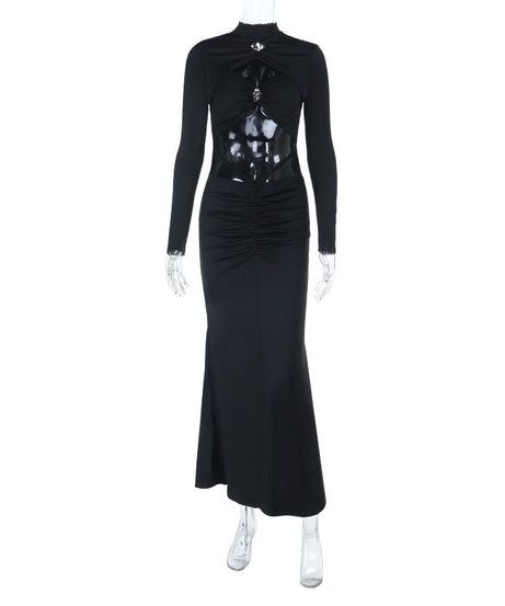 Daring Elegance: Black Cut-Out Maxi Dress for Fall & Holiday Parties | Long Sleeve & High Neck