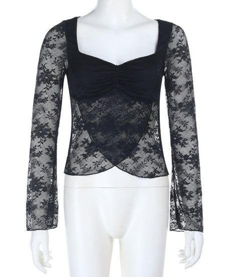 Enchanting Black Sheer Lace Sweetheart Top | Ruched Long Sleeve for Fall & Holiday Glam