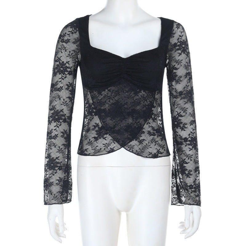 Enchanting Black Sheer Lace Sweetheart Top | Ruched Long Sleeve for Fall & Holiday Glam