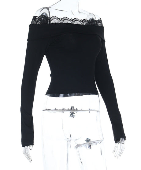 Chic Black Ribbed Knit Off-Shoulder Top with Delicate Lace Trim – Your Essential Fall & Holiday Style