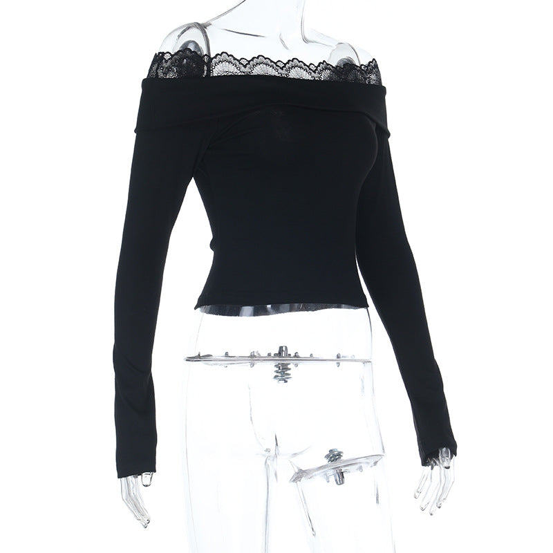Chic Black Ribbed Knit Off-Shoulder Top with Delicate Lace Trim – Your Essential Fall & Holiday Style