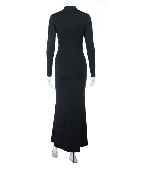 Daring Elegance: Black Cut-Out Maxi Dress for Fall & Holiday Parties | Long Sleeve & High Neck
