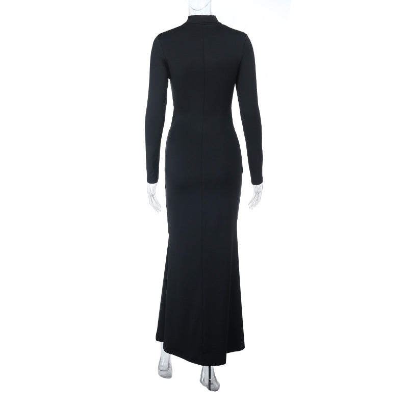 Daring Elegance: Black Cut-Out Maxi Dress for Fall & Holiday Parties | Long Sleeve & High Neck