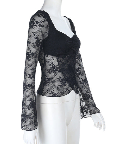 Enchanting Black Sheer Lace Sweetheart Top | Ruched Long Sleeve for Fall & Holiday Glam