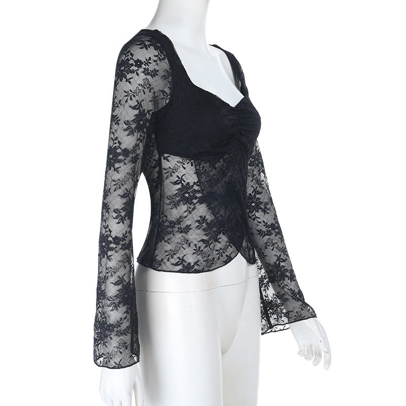Enchanting Black Sheer Lace Sweetheart Top | Ruched Long Sleeve for Fall & Holiday Glam