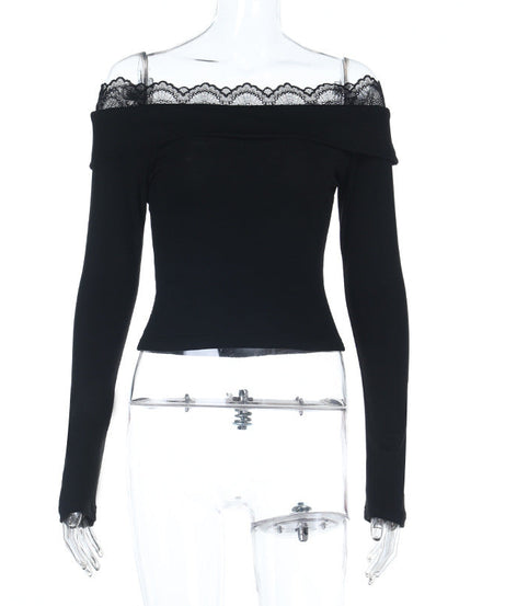Chic Black Ribbed Knit Off-Shoulder Top with Delicate Lace Trim – Your Essential Fall & Holiday Style