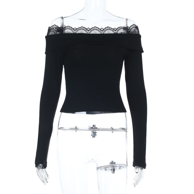 Chic Black Ribbed Knit Off-Shoulder Top with Delicate Lace Trim – Your Essential Fall & Holiday Style