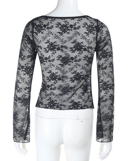 Enchanting Black Sheer Lace Sweetheart Top | Ruched Long Sleeve for Fall & Holiday Glam