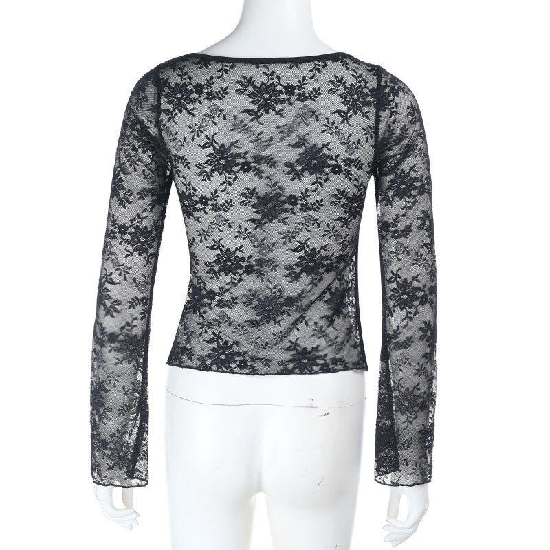 Enchanting Black Sheer Lace Sweetheart Top | Ruched Long Sleeve for Fall & Holiday Glam