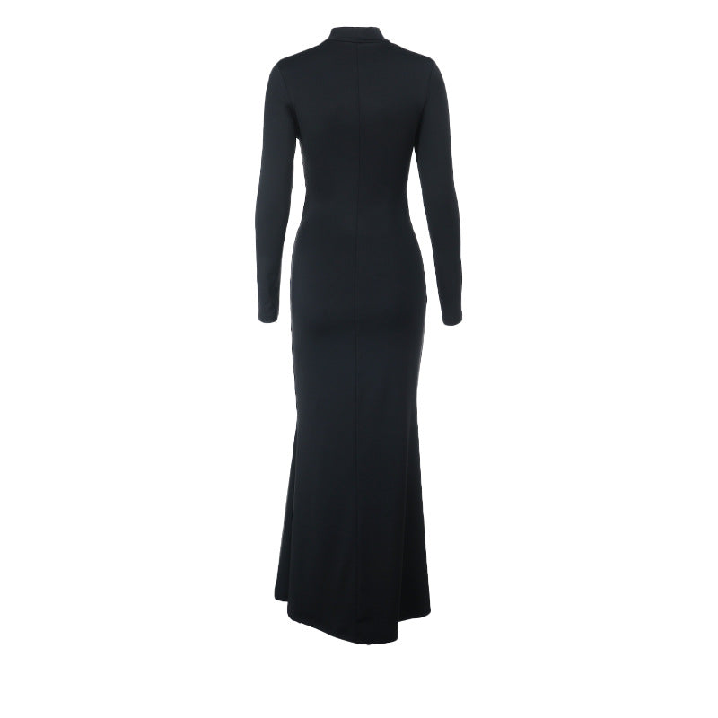 Daring Elegance: Black Cut-Out Maxi Dress for Fall & Holiday Parties | Long Sleeve & High Neck