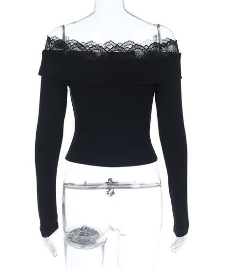 Chic Black Ribbed Knit Off-Shoulder Top with Delicate Lace Trim – Your Essential Fall & Holiday Style