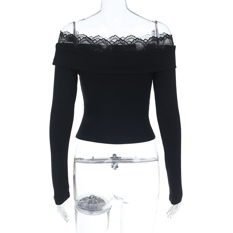 Chic Black Ribbed Knit Off-Shoulder Top with Delicate Lace Trim – Your Essential Fall & Holiday Style