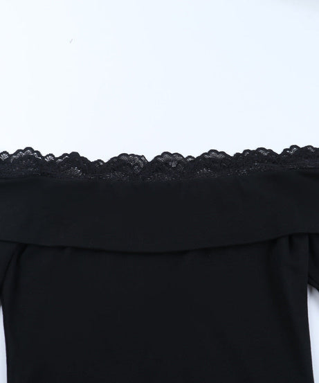 Chic Black Ribbed Knit Off-Shoulder Top with Delicate Lace Trim – Your Essential Fall & Holiday Style