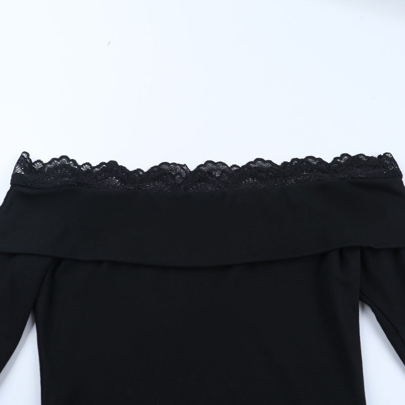 Chic Black Ribbed Knit Off-Shoulder Top with Delicate Lace Trim – Your Essential Fall & Holiday Style