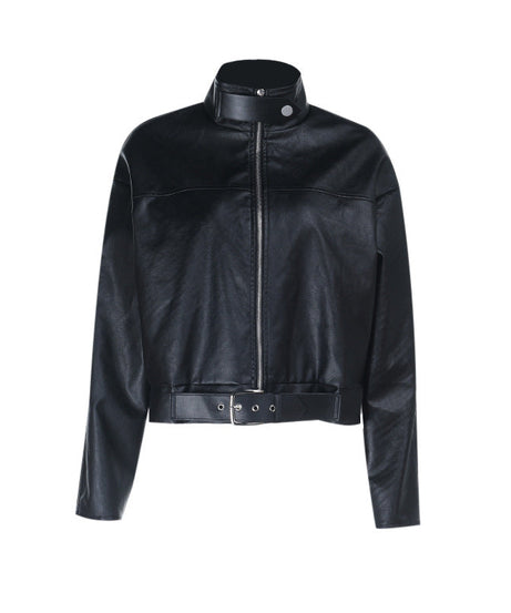 Women's Edgy Faux Leather Cropped Moto Jacket – Belted Fall Fashion Essential