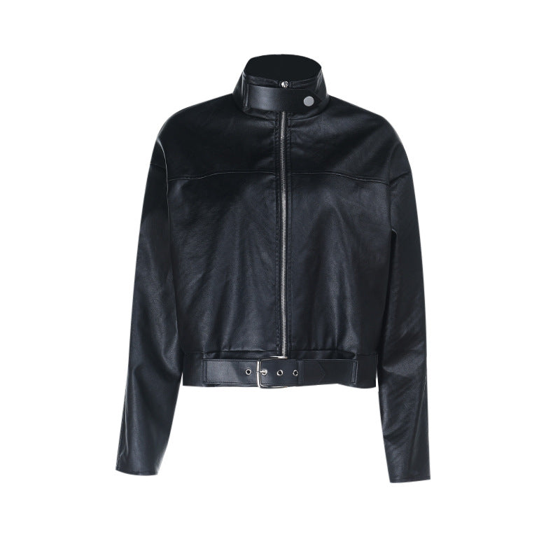 Women's Edgy Faux Leather Cropped Moto Jacket – Belted Fall Fashion Essential