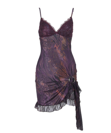 Sultry Plum Lace O-Ring Mini Slip Dress | Y2K Asymmetrical Fall Party Look