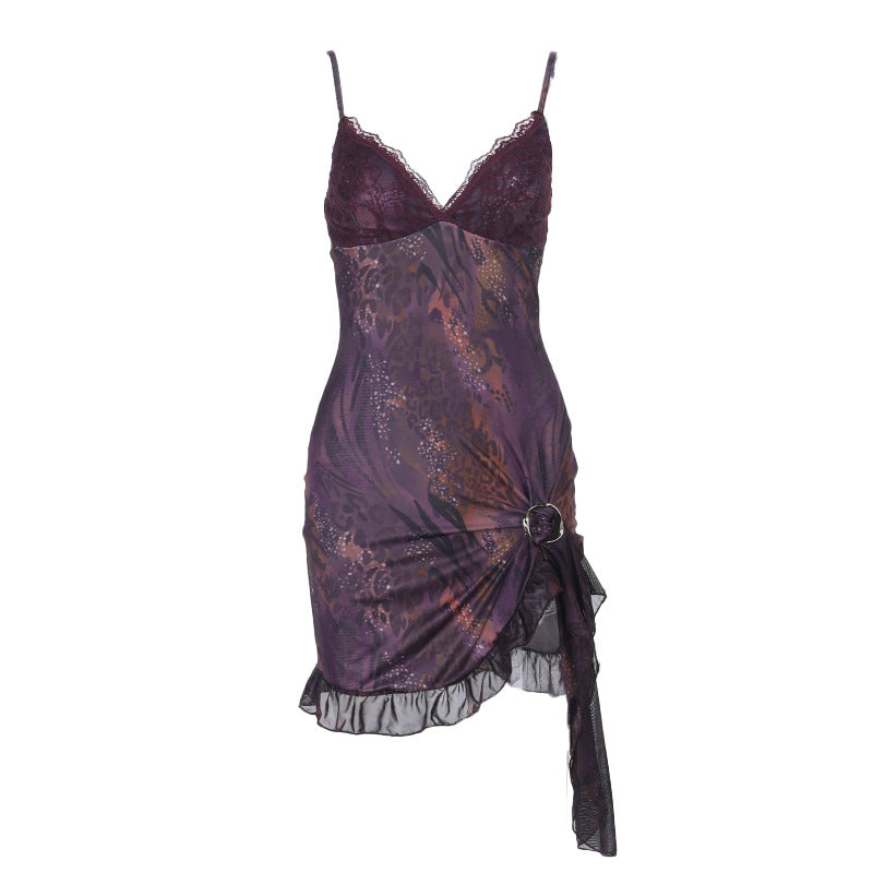 Sultry Plum Lace O-Ring Mini Slip Dress | Y2K Asymmetrical Fall Party Look