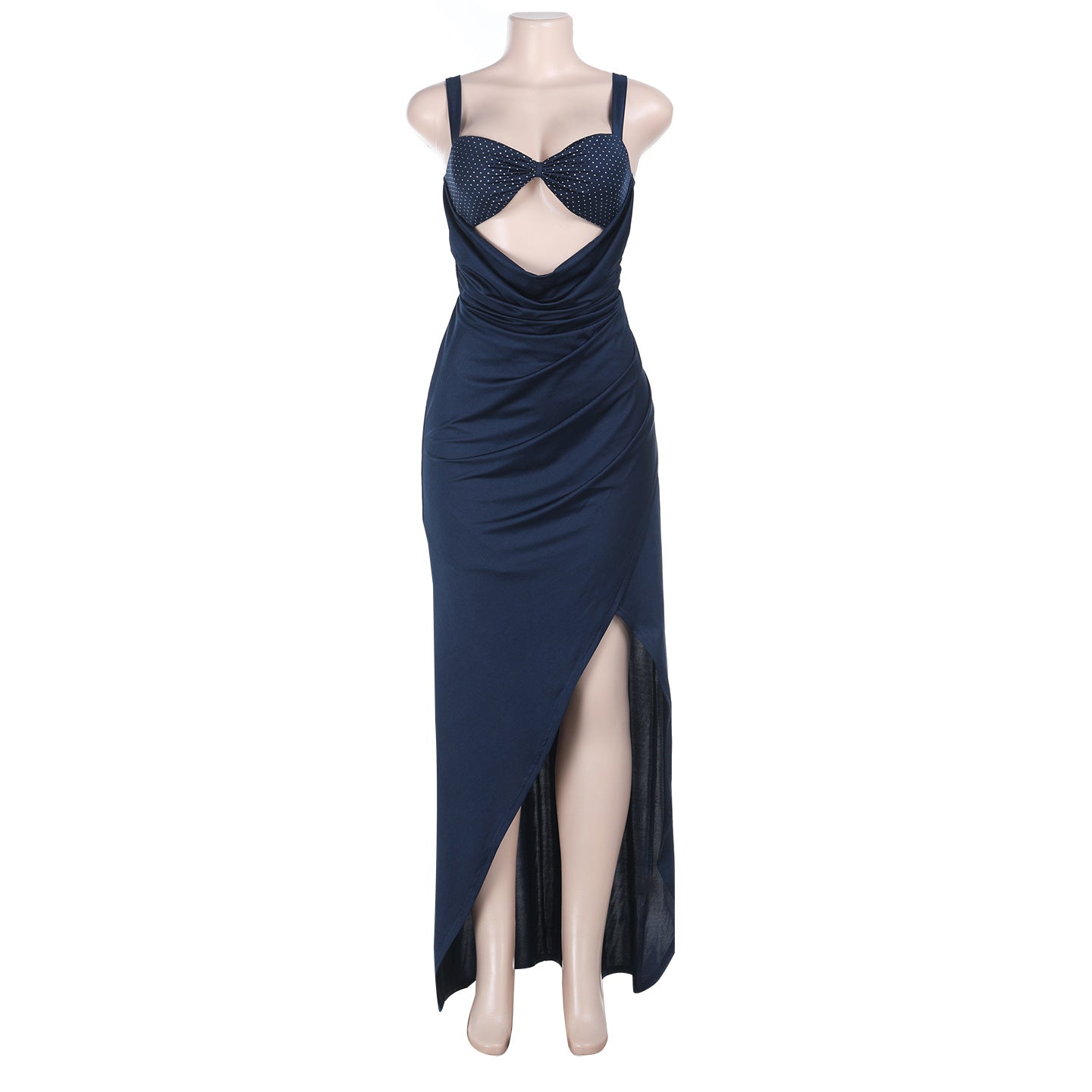 Glamorous Navy Blue Ruched Maxi Dress with Polka Dot Cutout & High Slit | Fall & Holiday Party Ready