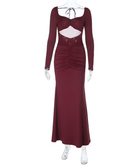 Alluring Wine Red Maxi Dress - Elegant Long Sleeve Cut-Out Ruched Gown for Fall & Holiday Parties