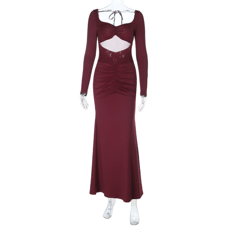 Alluring Wine Red Maxi Dress - Elegant Long Sleeve Cut-Out Ruched Gown for Fall & Holiday Parties