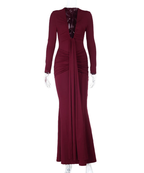 Sophisticated Wine Red Ruched Maxi Gown - Elegant Long Sleeve V-Neck for Fall & Holiday Galas