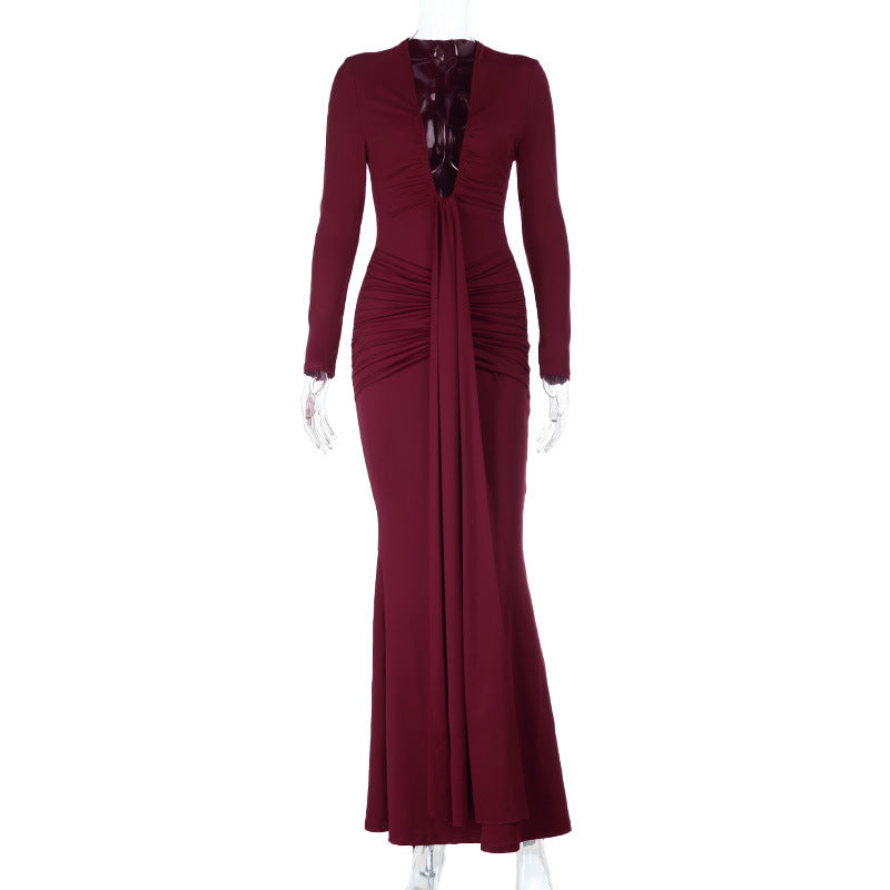 Sophisticated Wine Red Ruched Maxi Gown - Elegant Long Sleeve V-Neck for Fall & Holiday Galas