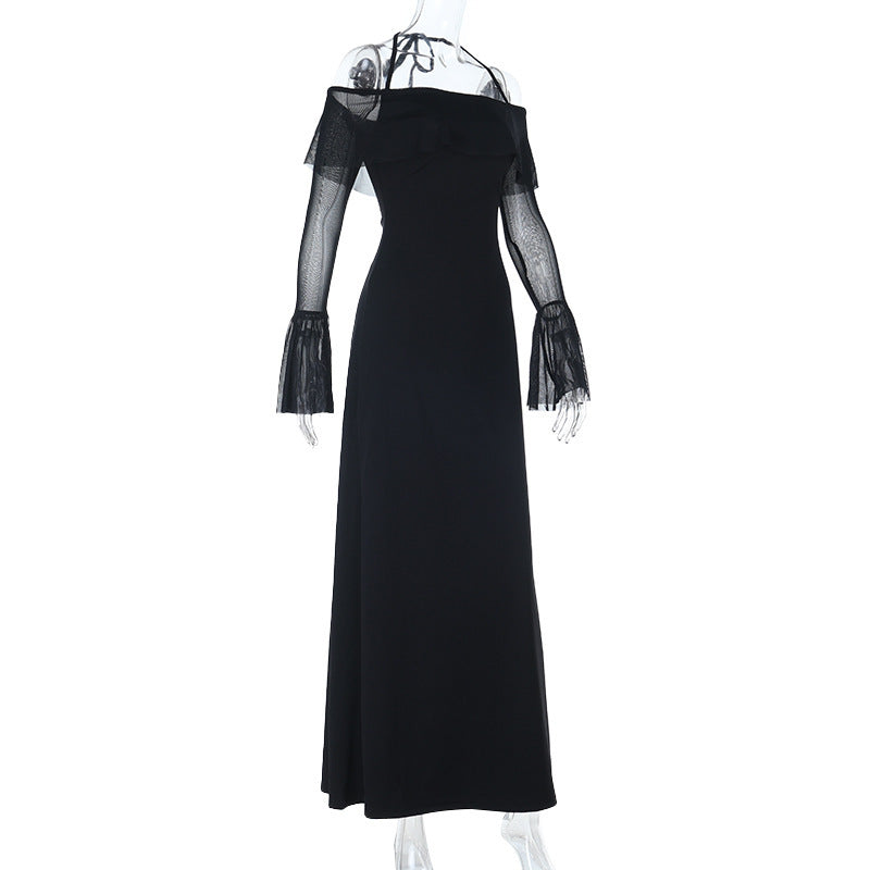 Bewitching Black Off-Shoulder Maxi Dress with Sheer Bell Sleeves - Elegant Fall & Holiday Party Style