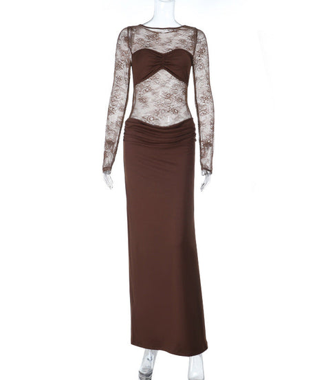 Autumn Allure: Sheer Lace Long Sleeve Ruched Maxi Dress - Chocolate Brown Evening Gown