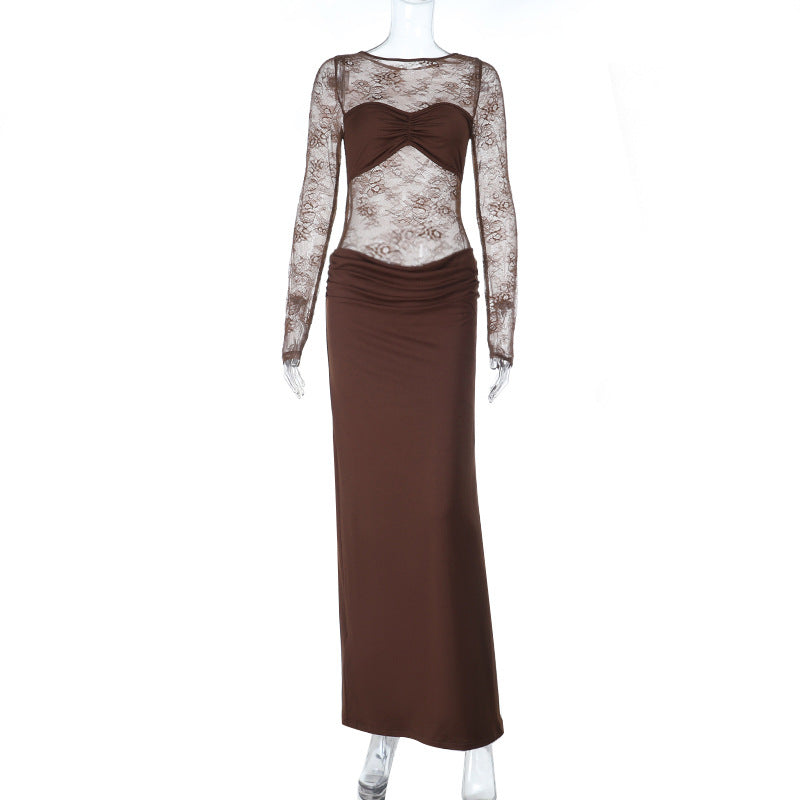 Autumn Allure: Sheer Lace Long Sleeve Ruched Maxi Dress - Chocolate Brown Evening Gown