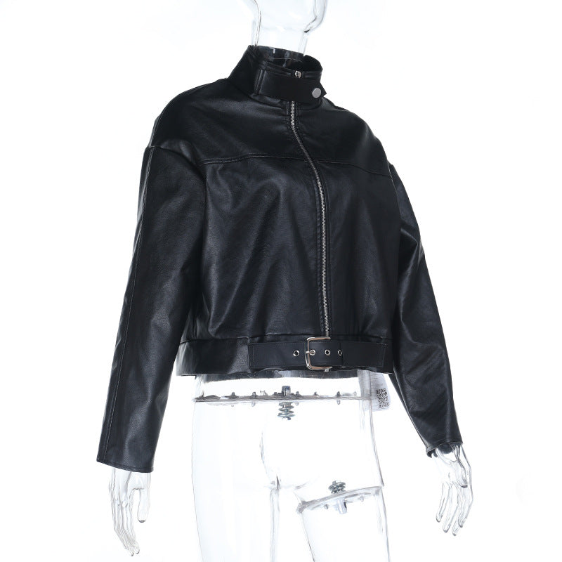 Women's Edgy Faux Leather Cropped Moto Jacket – Belted Fall Fashion Essential