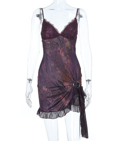 Sultry Plum Lace O-Ring Mini Slip Dress | Y2K Asymmetrical Fall Party Look