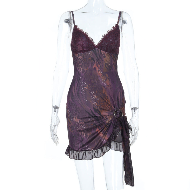 Sultry Plum Lace O-Ring Mini Slip Dress | Y2K Asymmetrical Fall Party Look