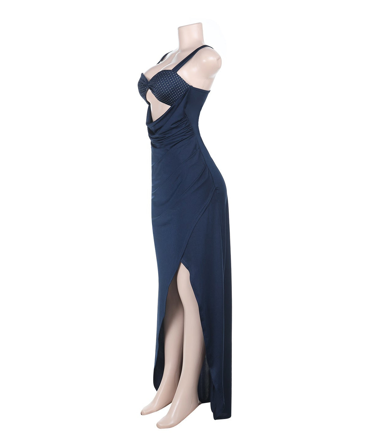 Glamorous Navy Blue Ruched Maxi Dress with Polka Dot Cutout & High Slit | Fall & Holiday Party Ready